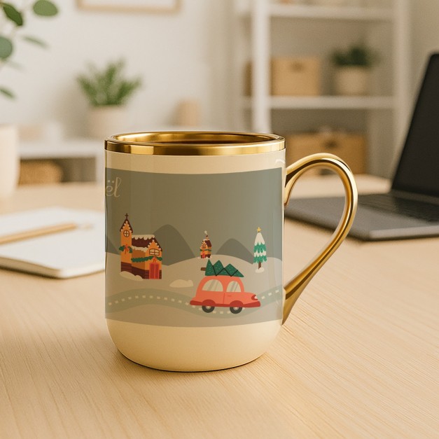 Tasse en céramique beige personnalisée avec bord et anse dorés avec impression pour une épouse pour Noël