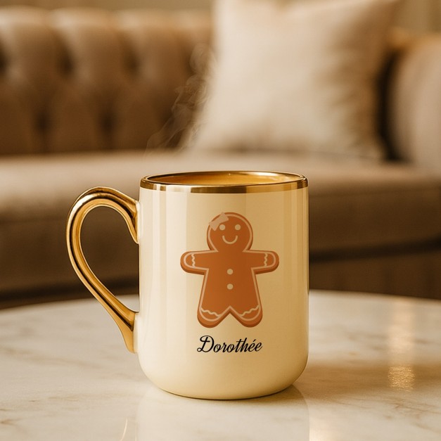 Tasse en céramique beige personnalisée avec bord et anse dorés avec impression pour une copine pour Noël