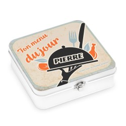 Boîte à snacks blanche en métal personnalisée pour l'anniversaire d'un époux