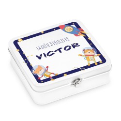 Boîte à snacks blanche en métal avec impression pour l'anniversaire d'un filleul