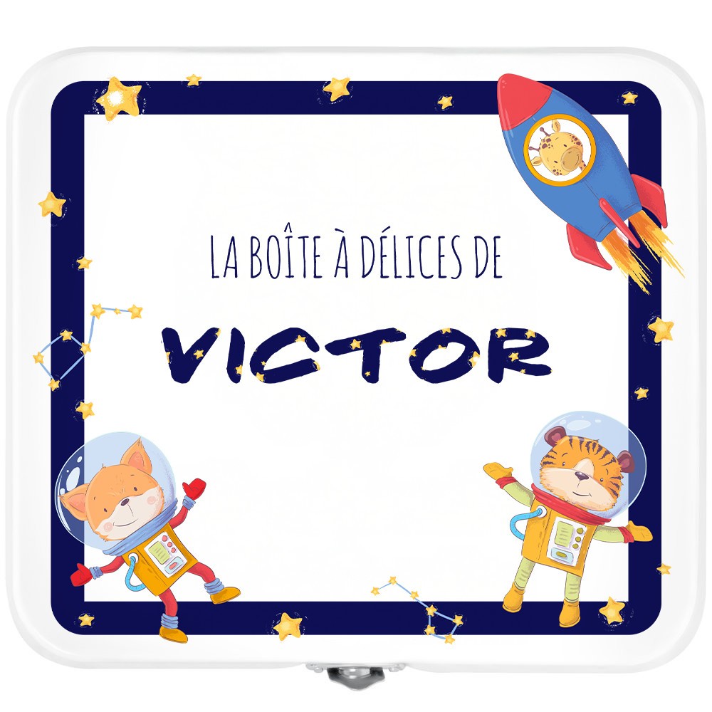 Boîte à snacks blanche en métal avec impression pour l'anniversaire d'un filleul
