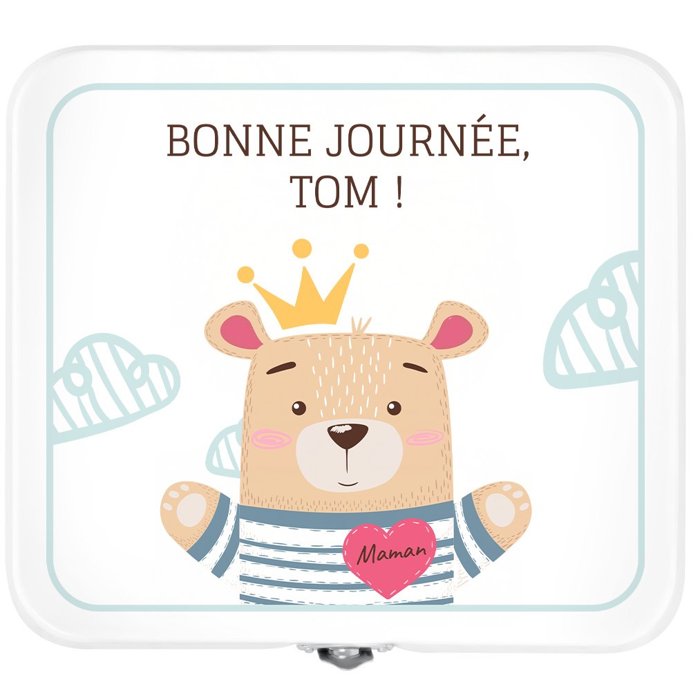 Boîte à snacks blanche en métal avec impression pour l'anniversaire d'un fils