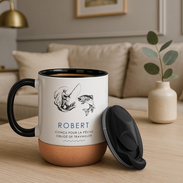 Mug blanc avec impression et couvercle pour lui pêcheur