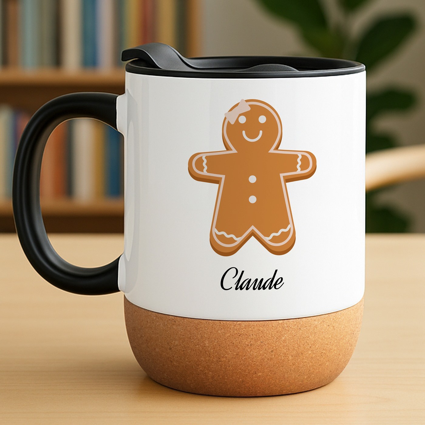 Mug blanc avec impression et couvercle pour elle avec pain d'épice pour Noël