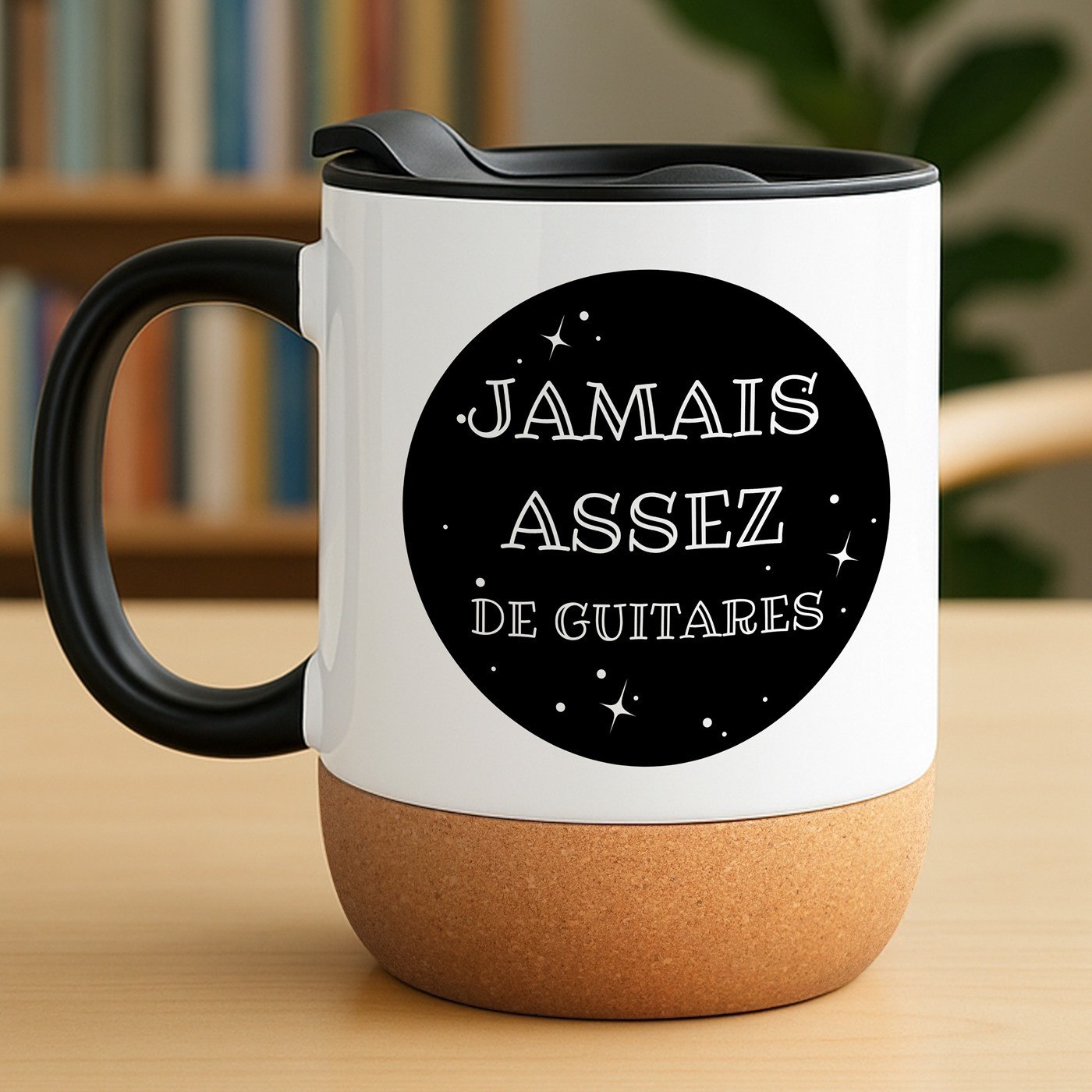 Mug blanc avec impression et couvercle pour un guitariste musicien