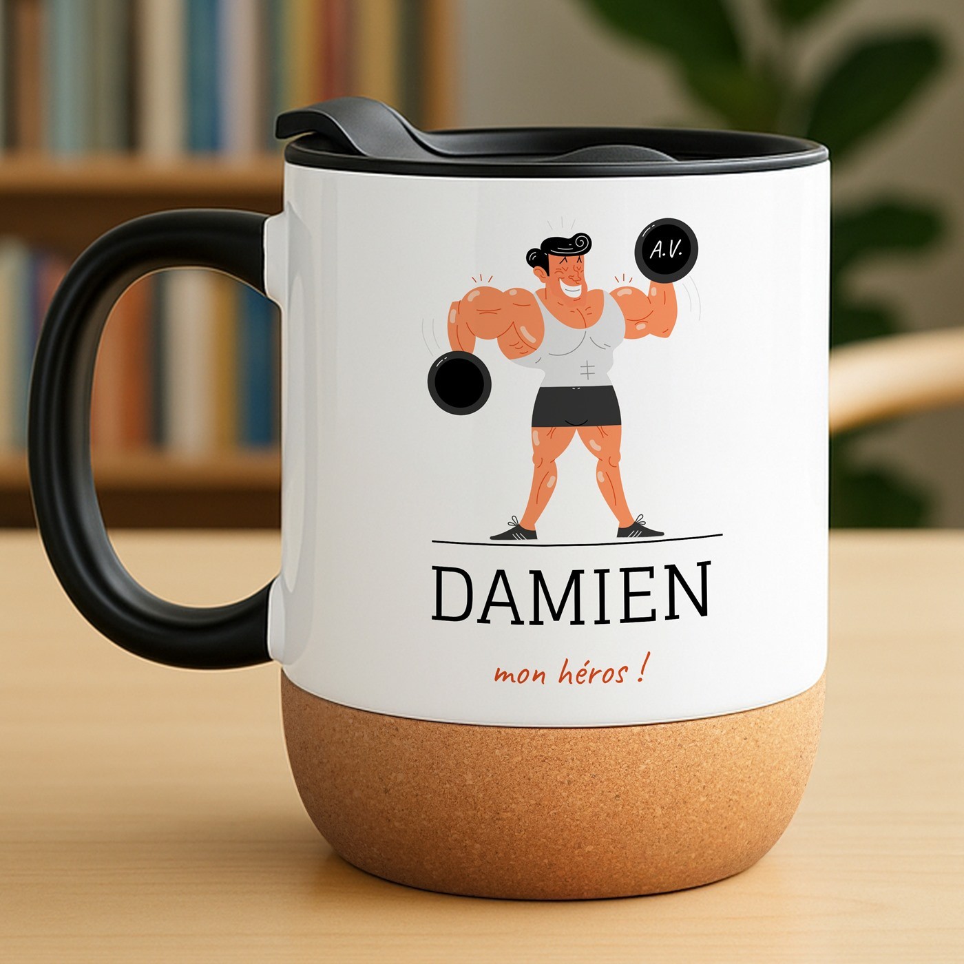 Mug blanc avec impression et couvercle pour lui culturiste sportif