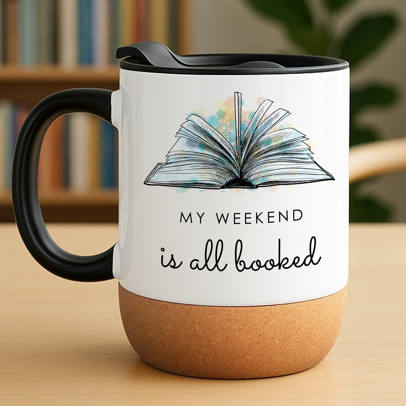 Mug blanc avec impression et couvercle pour elle prof bouquineuse