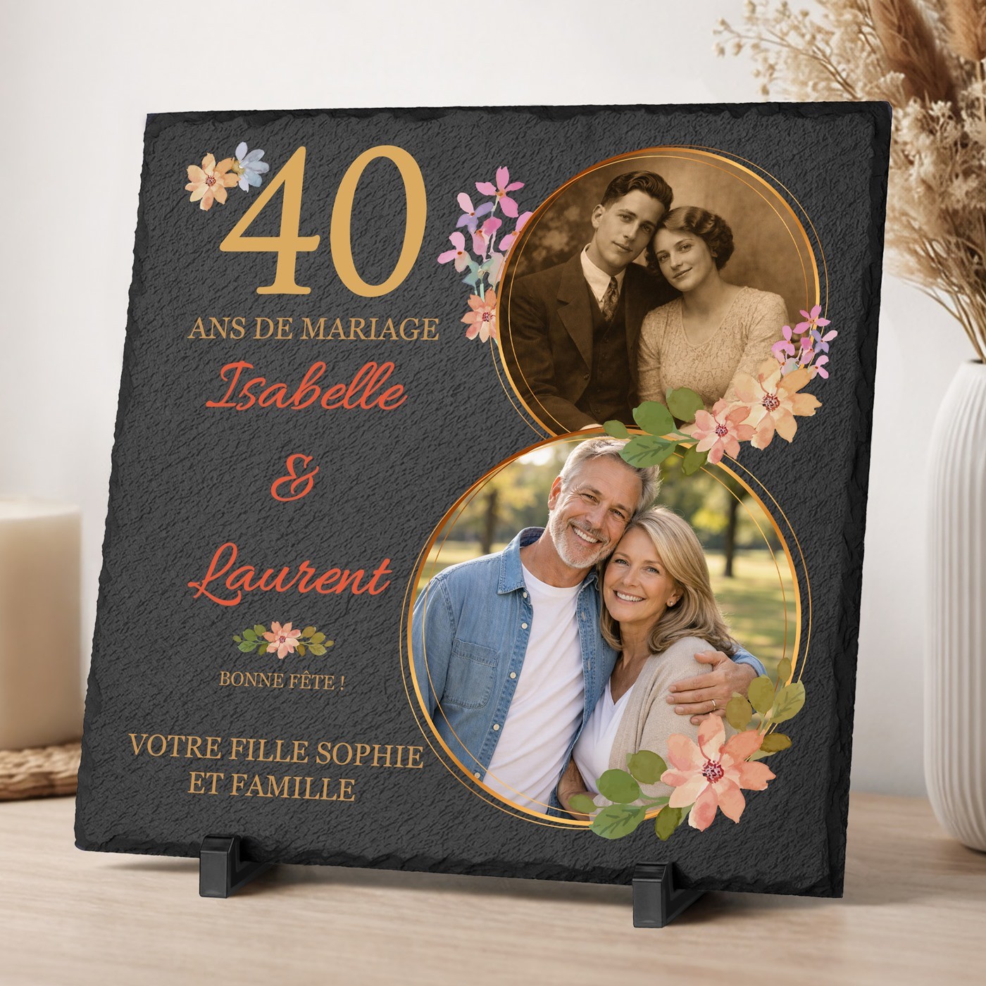 Pierre en ardoise avec impression avec photo pour des parents pour 40 ans de mariage