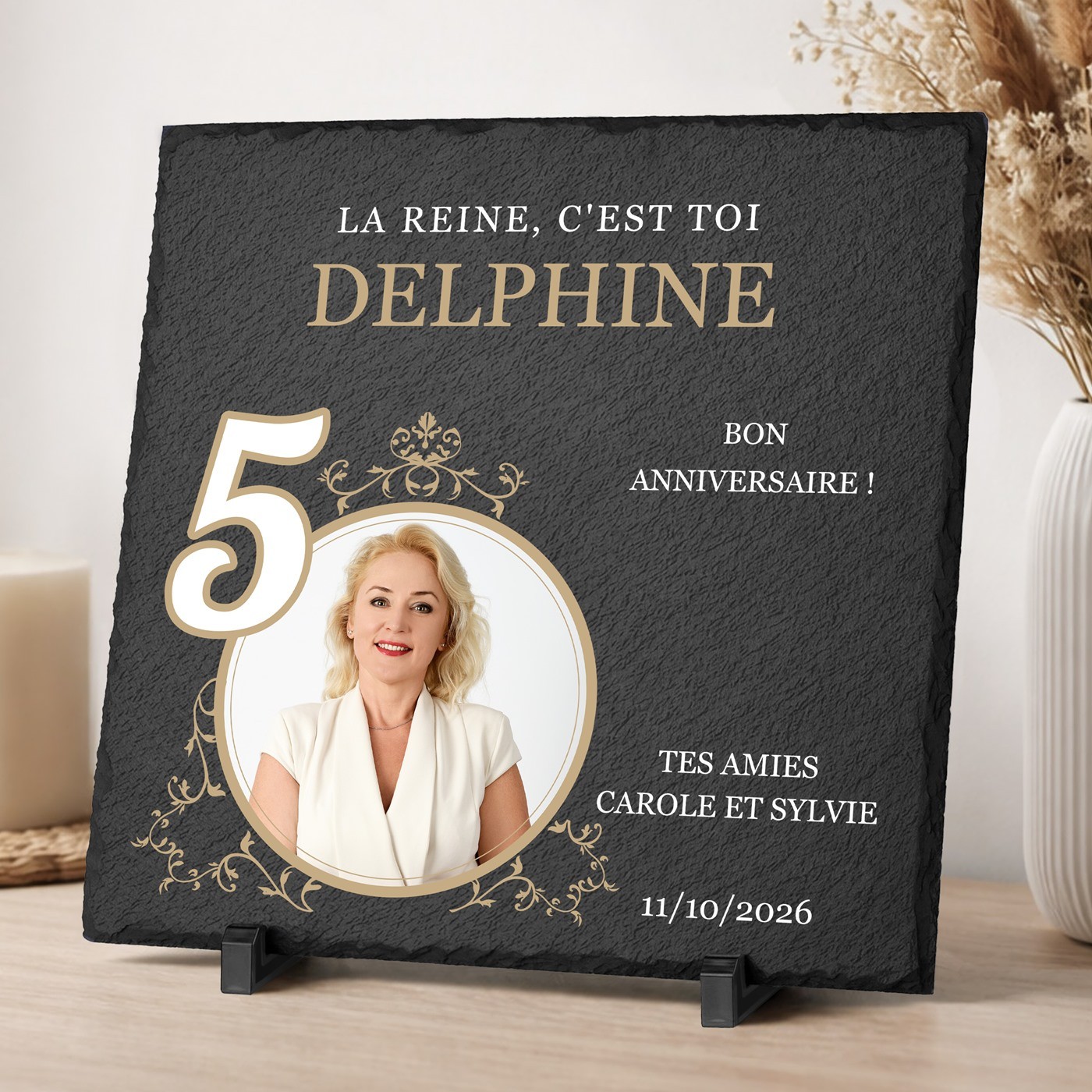 Pierre en ardoise avec impression avec photo pour une amie pour ses 50 ans