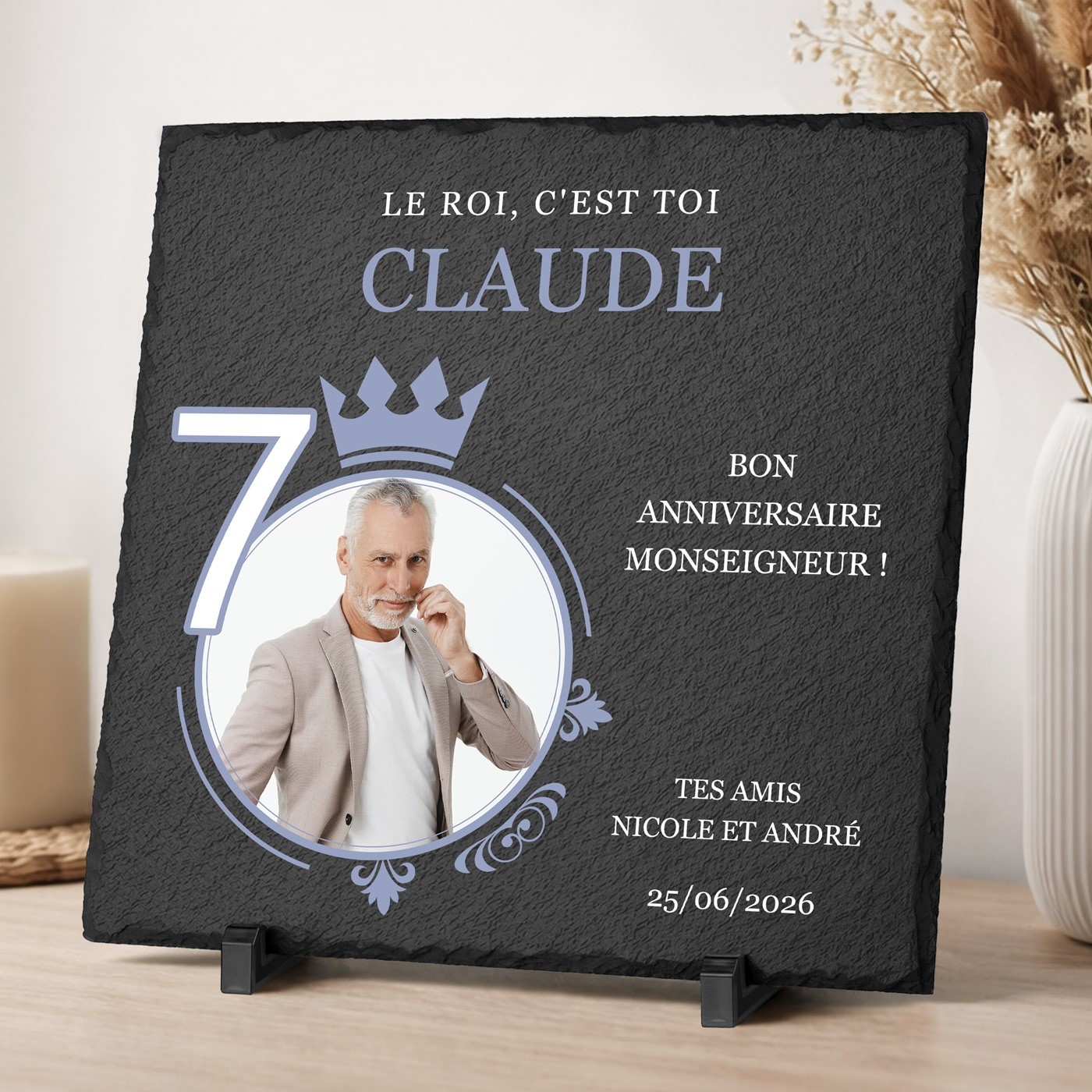 Pierre en ardoise personnalisée avec photo pour un ami pour ses 70 ans