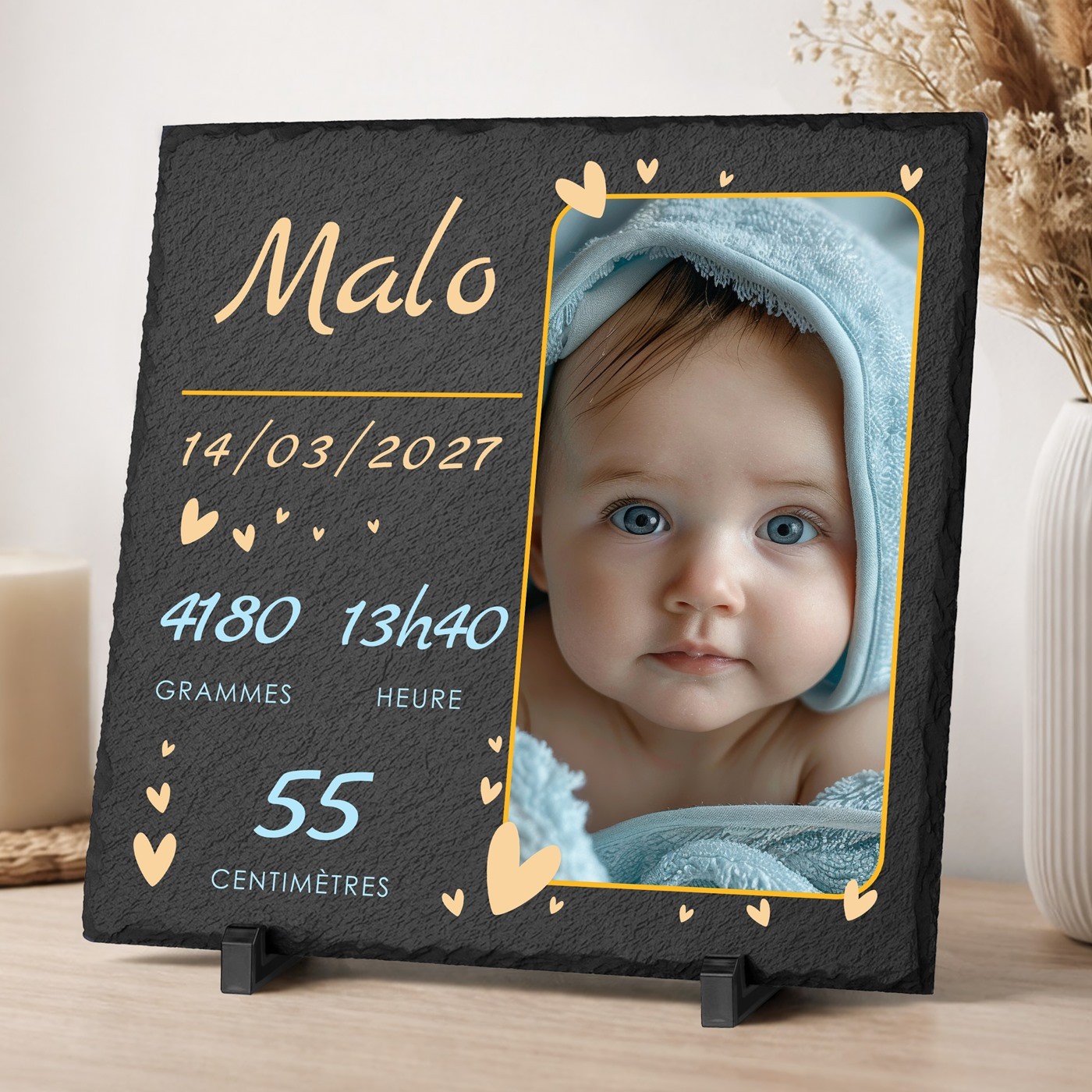 Pierre en ardoise personnalisée avec photo pour la naissance d'un petit garçon