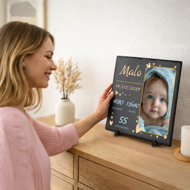 Pierre en ardoise personnalisée avec photo pour la naissance d'un petit garçon