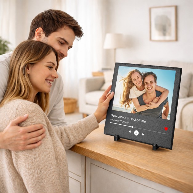 Pierre en ardoise personnalisée avec photo pour elle et pour lui pour la Saint-Valentin