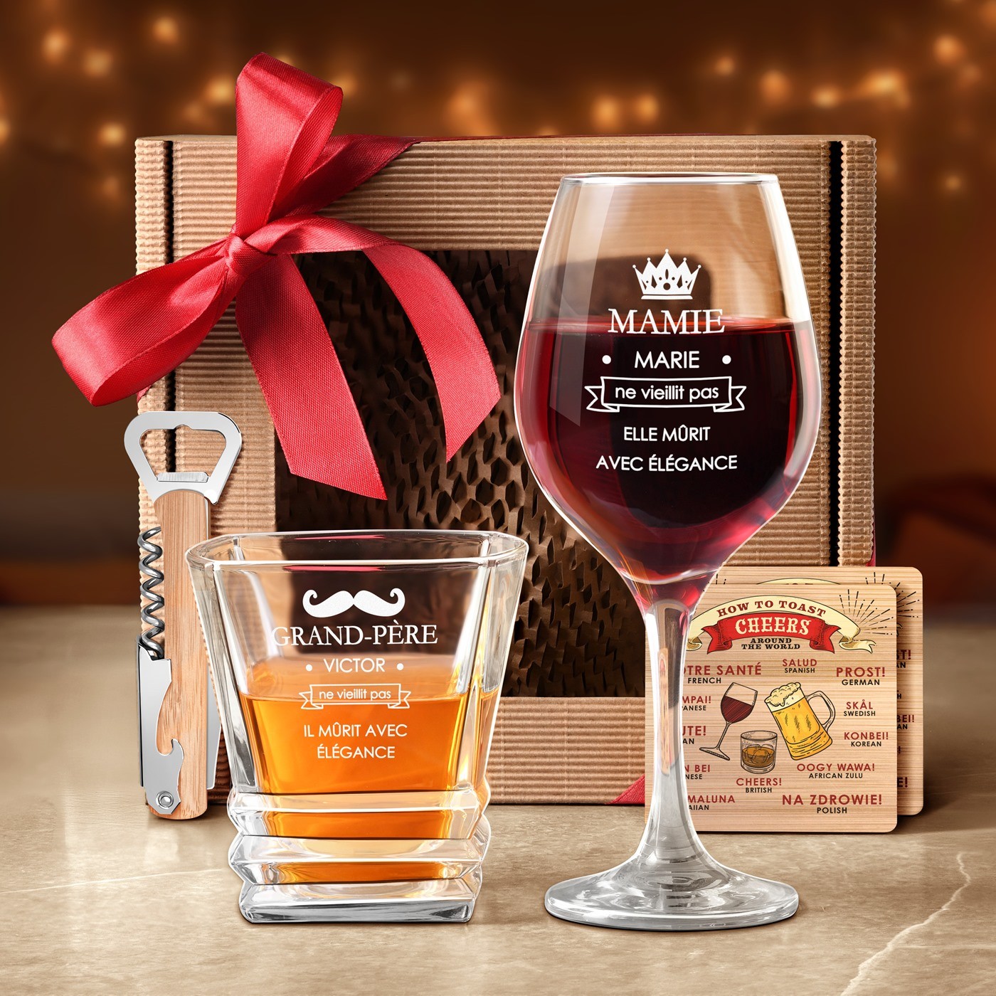 Coffret cadeau pour mamie et papy avec verres à vin et whisky