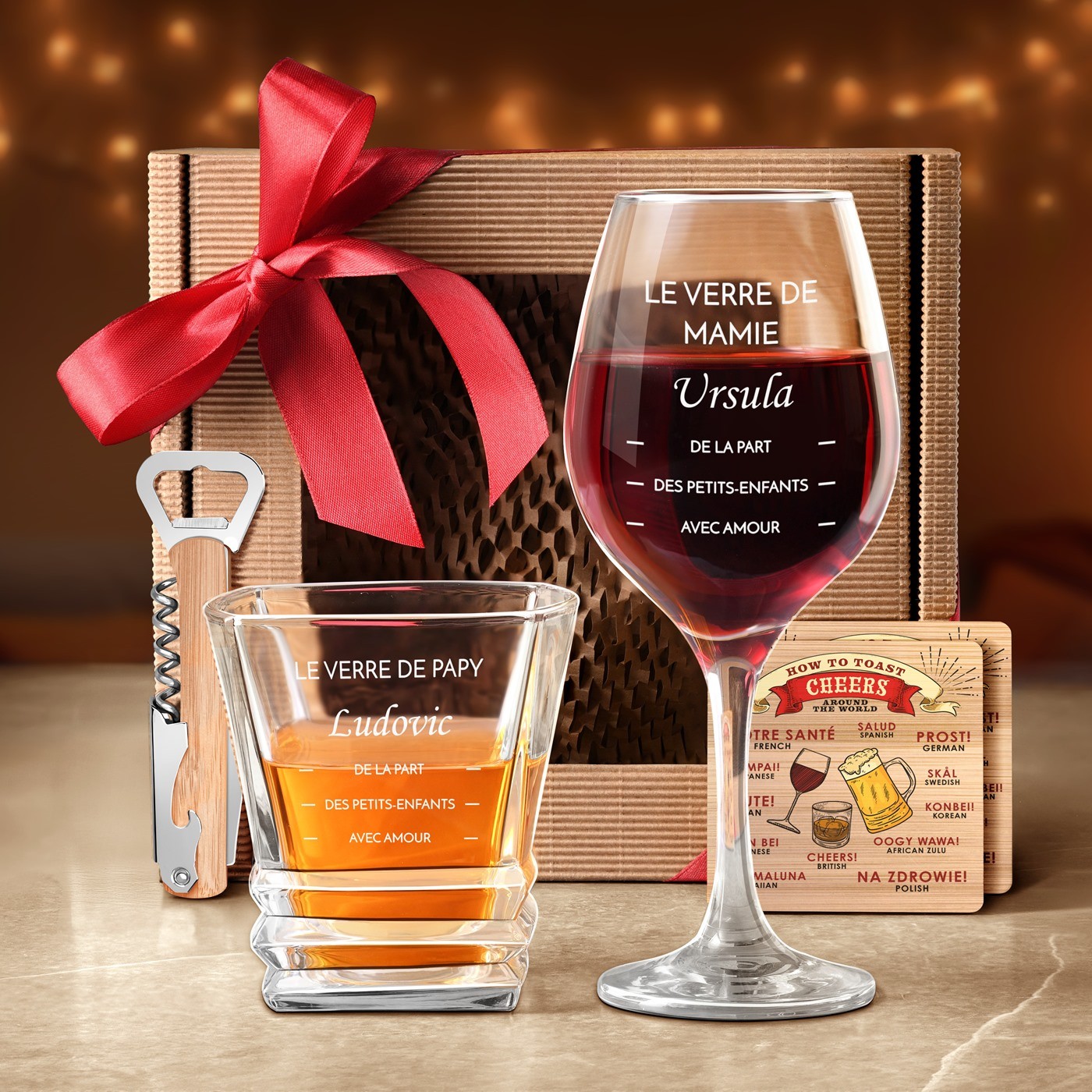 Coffret cadeau pour les grands-parents avec verres à vin et whisky