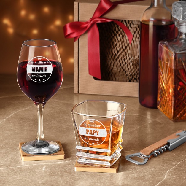Coffret cadeau pour Papy et Mamie avec verres à vin et whisky