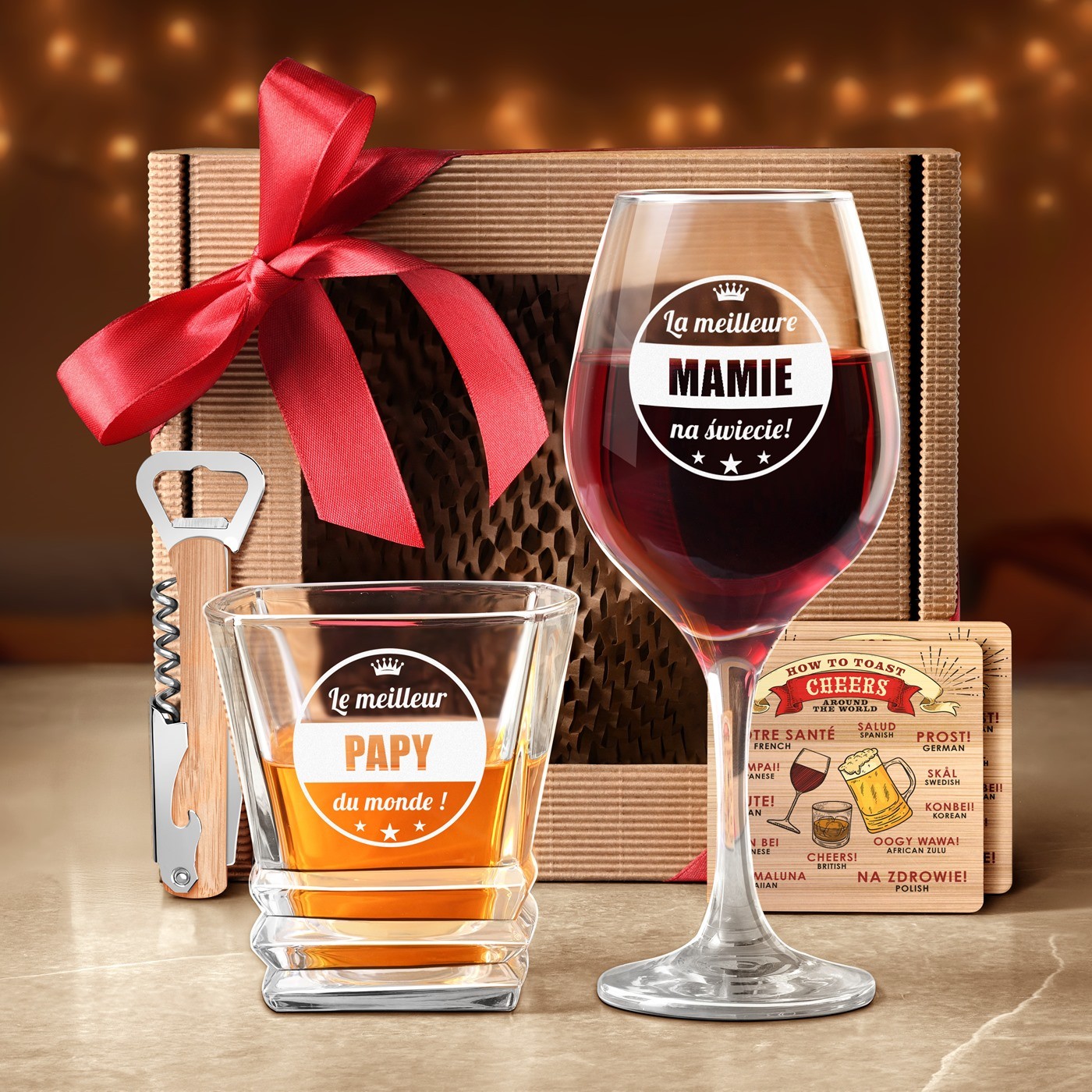 Coffret cadeau pour Papy et Mamie avec verres à vin et whisky
