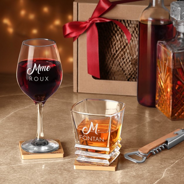 Coffret cadeau pour un couple avec verres à vin et whisky