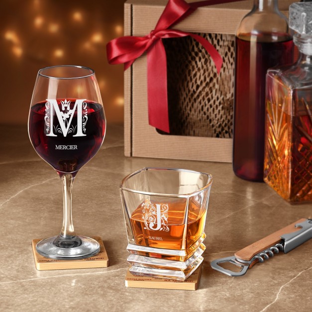 Coffret cadeau pour l'anniversaire de mariage des parents avec verres à vin et whisky