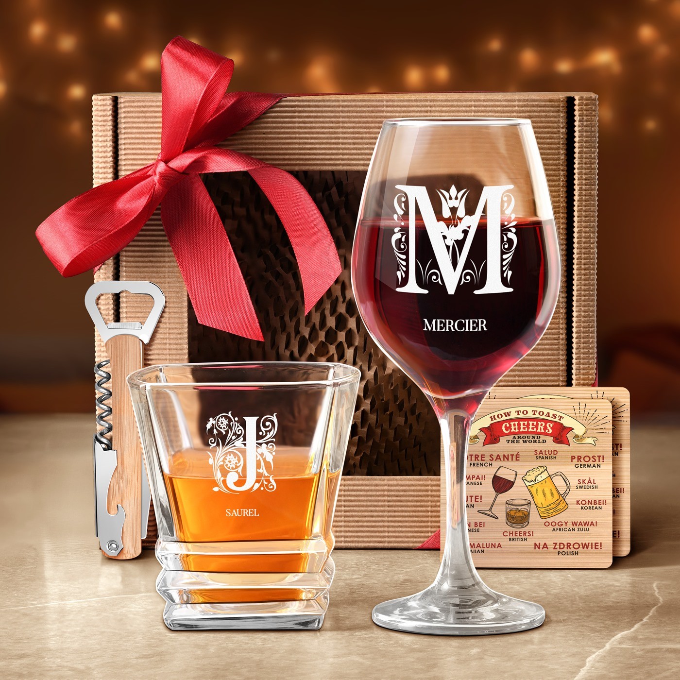 Coffret cadeau pour l'anniversaire de mariage des parents avec verres à vin et whisky