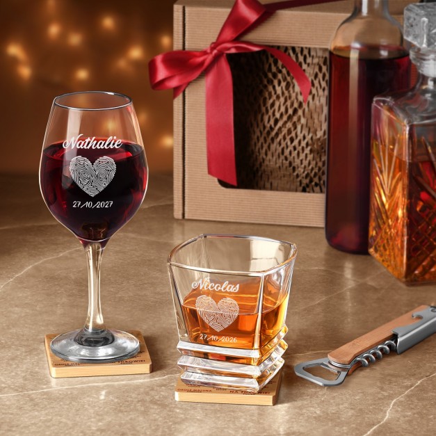 Coffret cadeau pour mariage ou anniversaire de mariage avec verres à vin et whisky