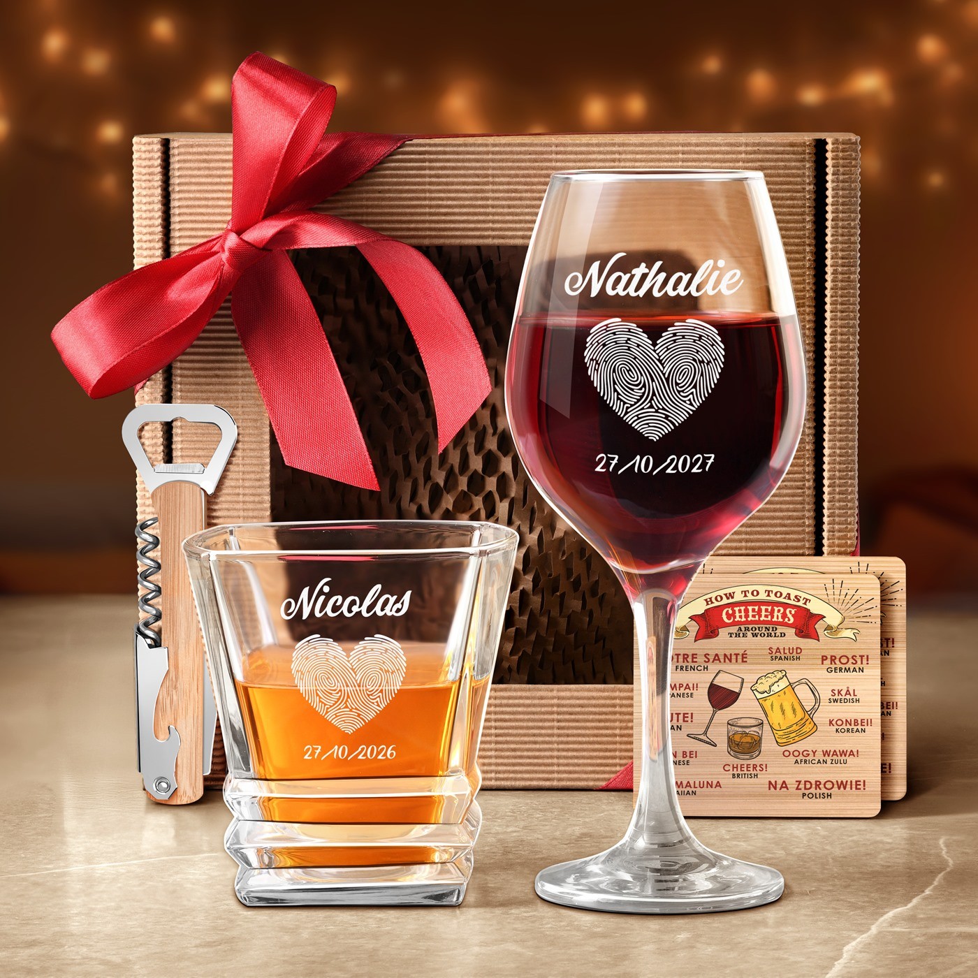 Coffret cadeau pour mariage ou anniversaire de mariage avec verres à vin et whisky