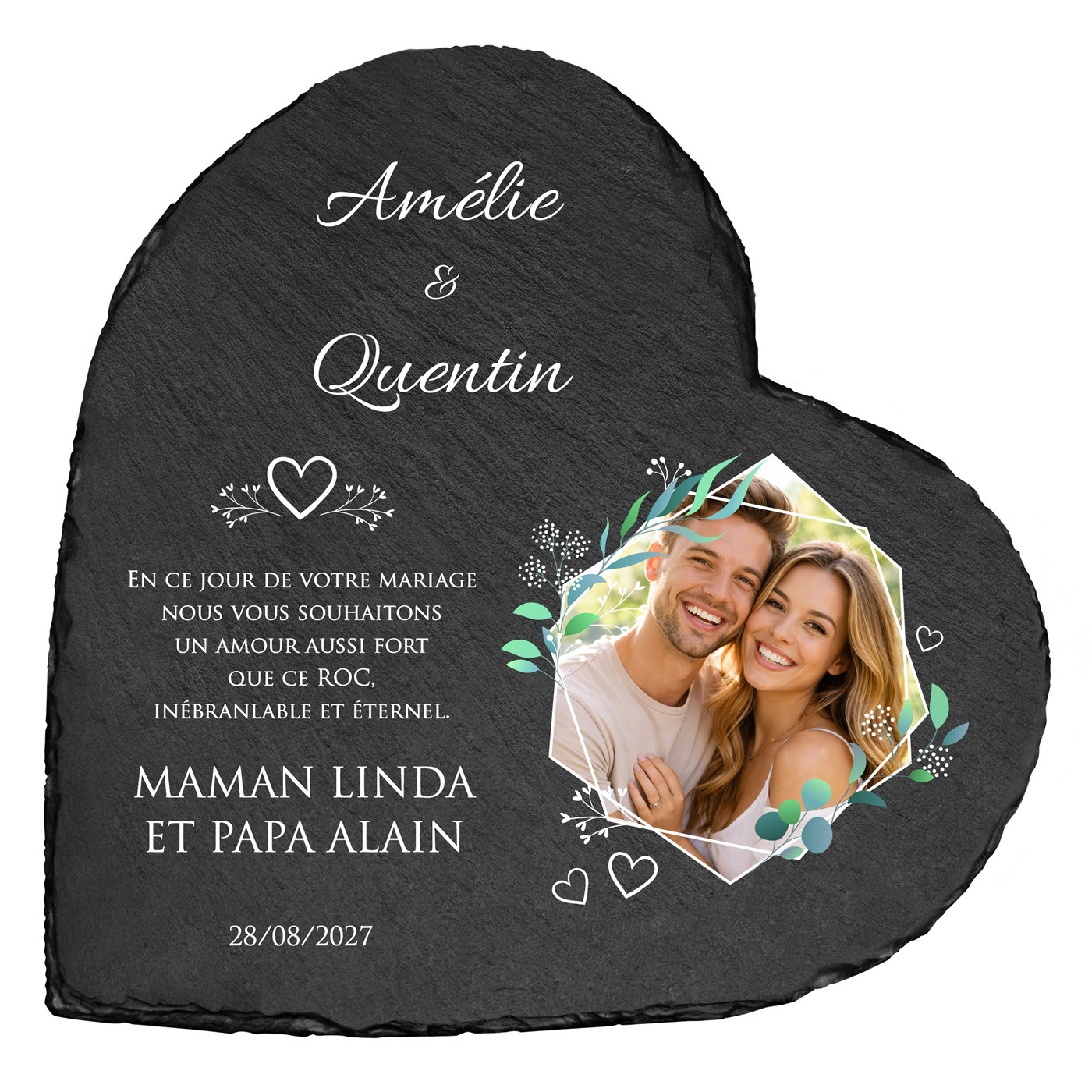 Pierre en ardoise en forme de cœur personnalisée avec photo pour un couple pour mariage