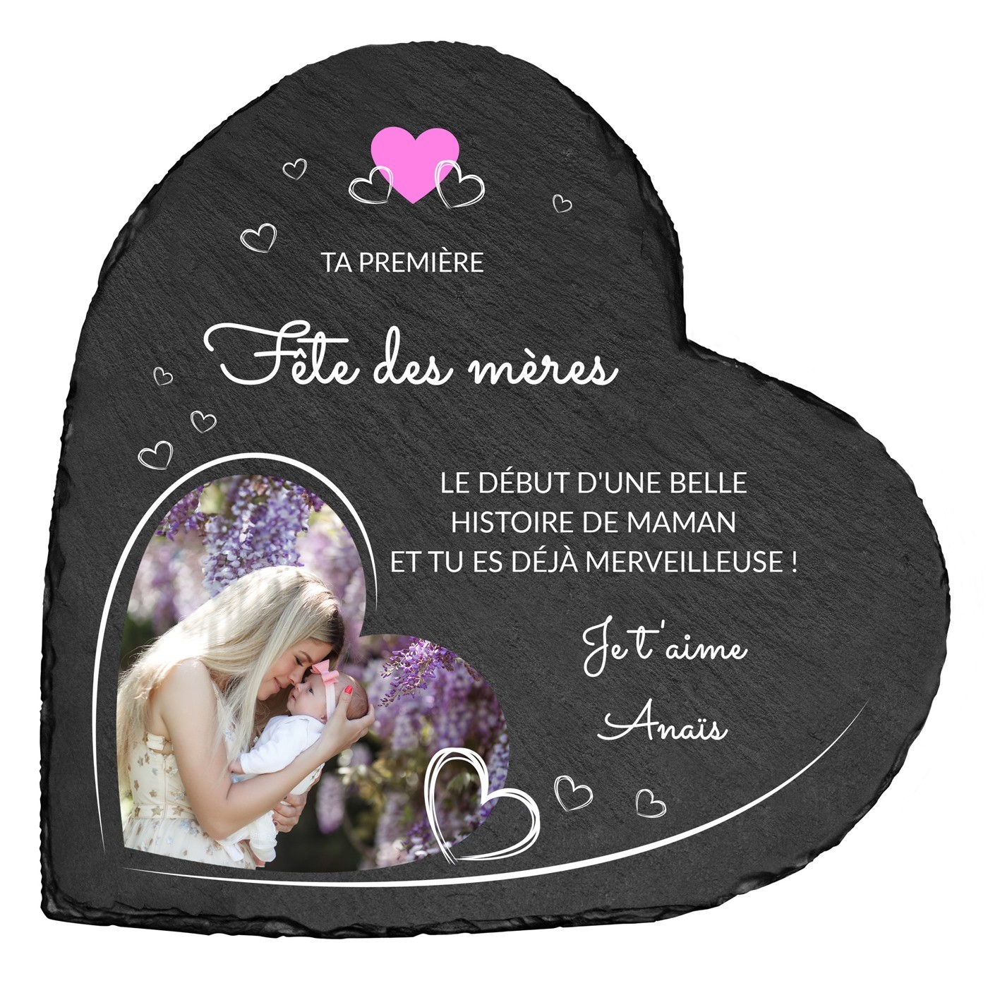 Pierre en ardoise en forme de cœur personnalisée avec photo pour la première fête des mères
