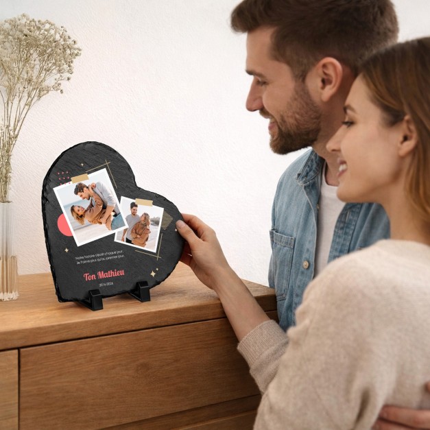 Pierre en ardoise en forme de cœur personnalisée avec photo pour un couple pour 10 ans de mariage