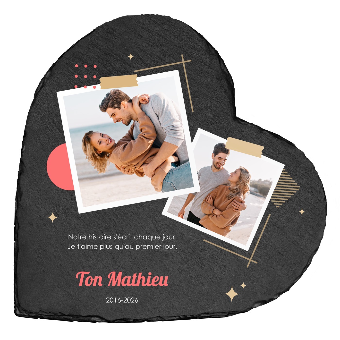 Pierre en ardoise en forme de cœur personnalisée avec photo pour un couple pour 10 ans de mariage