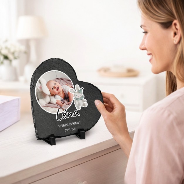 Pierre en ardoise en forme de cœur avec impression avec photo pour la naissance d'une petite fille