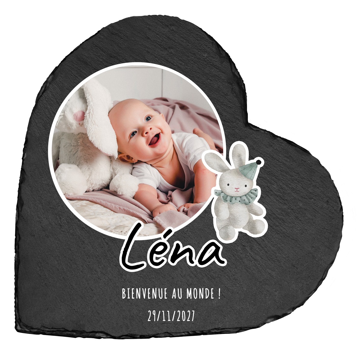 Pierre en ardoise en forme de cœur avec impression avec photo pour la naissance d'une petite fille