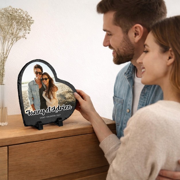 Pierre en ardoise en forme de cœur personnalisée avec photo pour un couple pour la Saint-Valentin