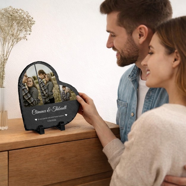 Pierre en ardoise en forme de cœur personnalisée avec photo pour elle et pour lui pour l'anniversaire de mariage