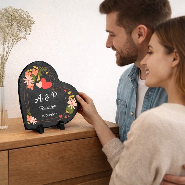 Pierre en ardoise en forme de cœur personnalisée pour un homme et une femme pour l'anniversaire de mariage