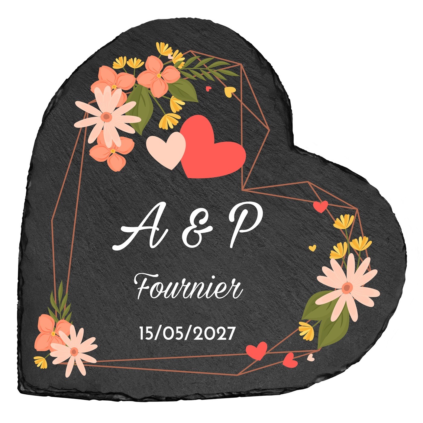 Pierre en ardoise en forme de cœur personnalisée pour un homme et une femme pour l'anniversaire de mariage