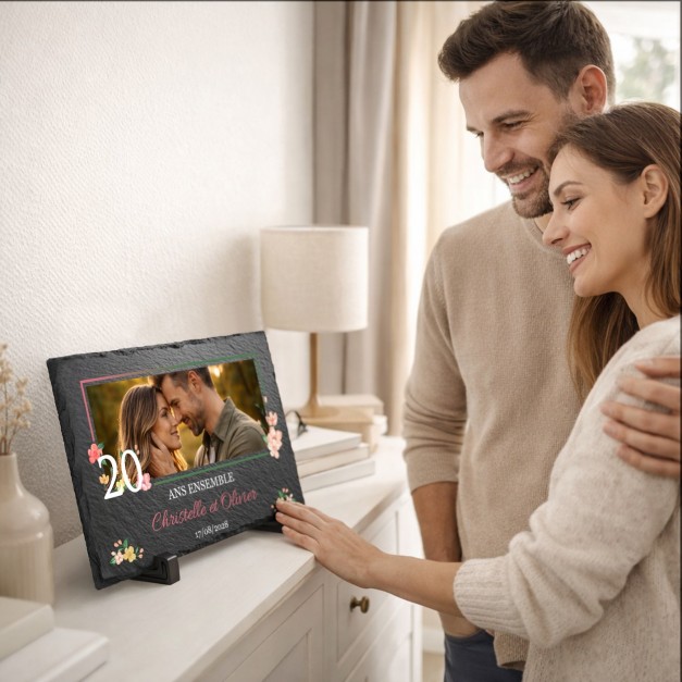 Pierre en ardoise avec impression avec photo pour mari et femme pour 20 ans de mariage