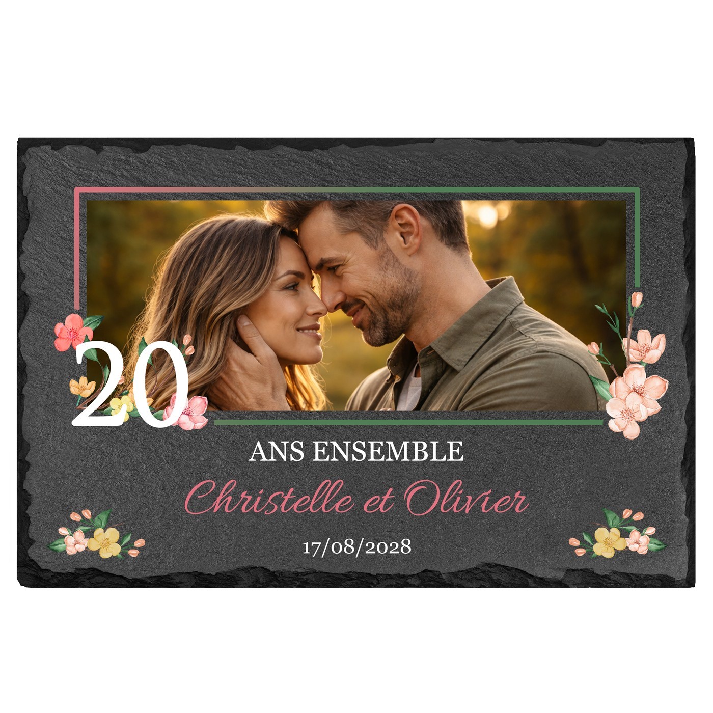 Pierre en ardoise avec impression avec photo pour mari et femme pour 20 ans de mariage