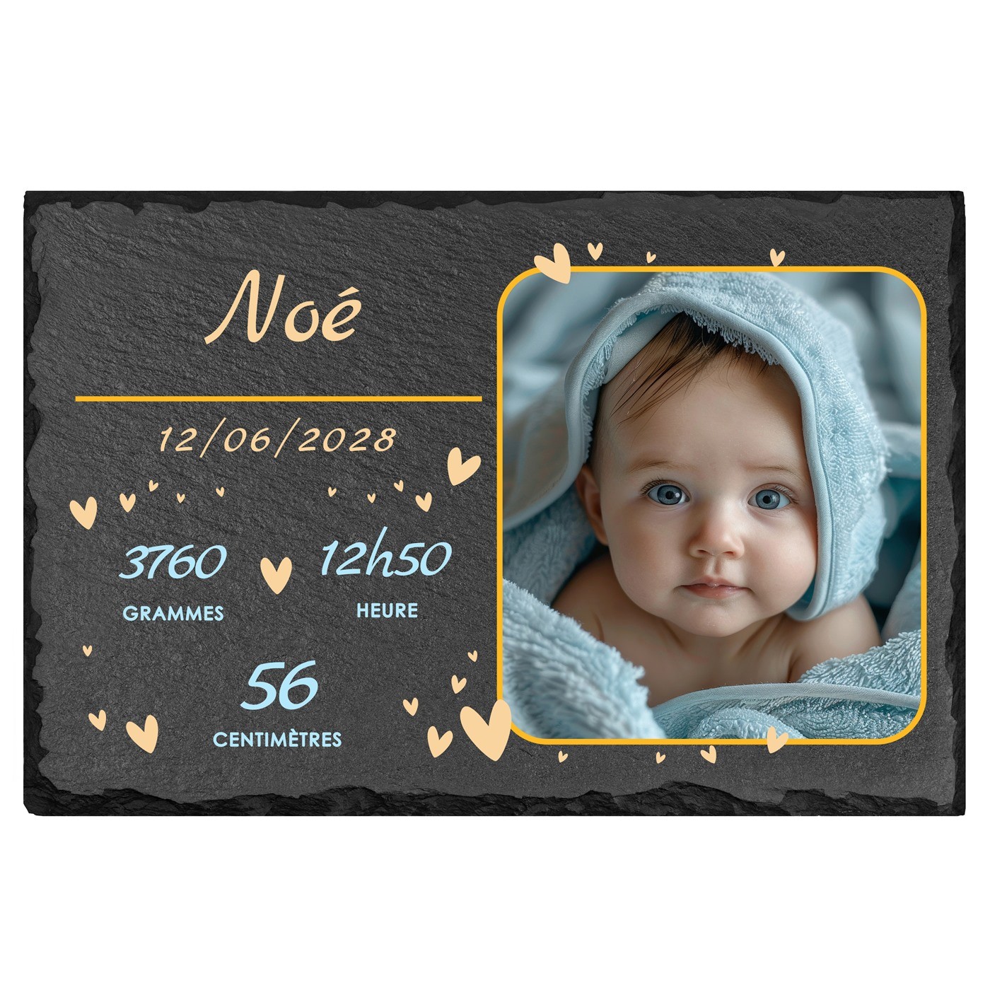 Pierre en ardoise avec impression avec photo pour la naissance d'un petit garçon