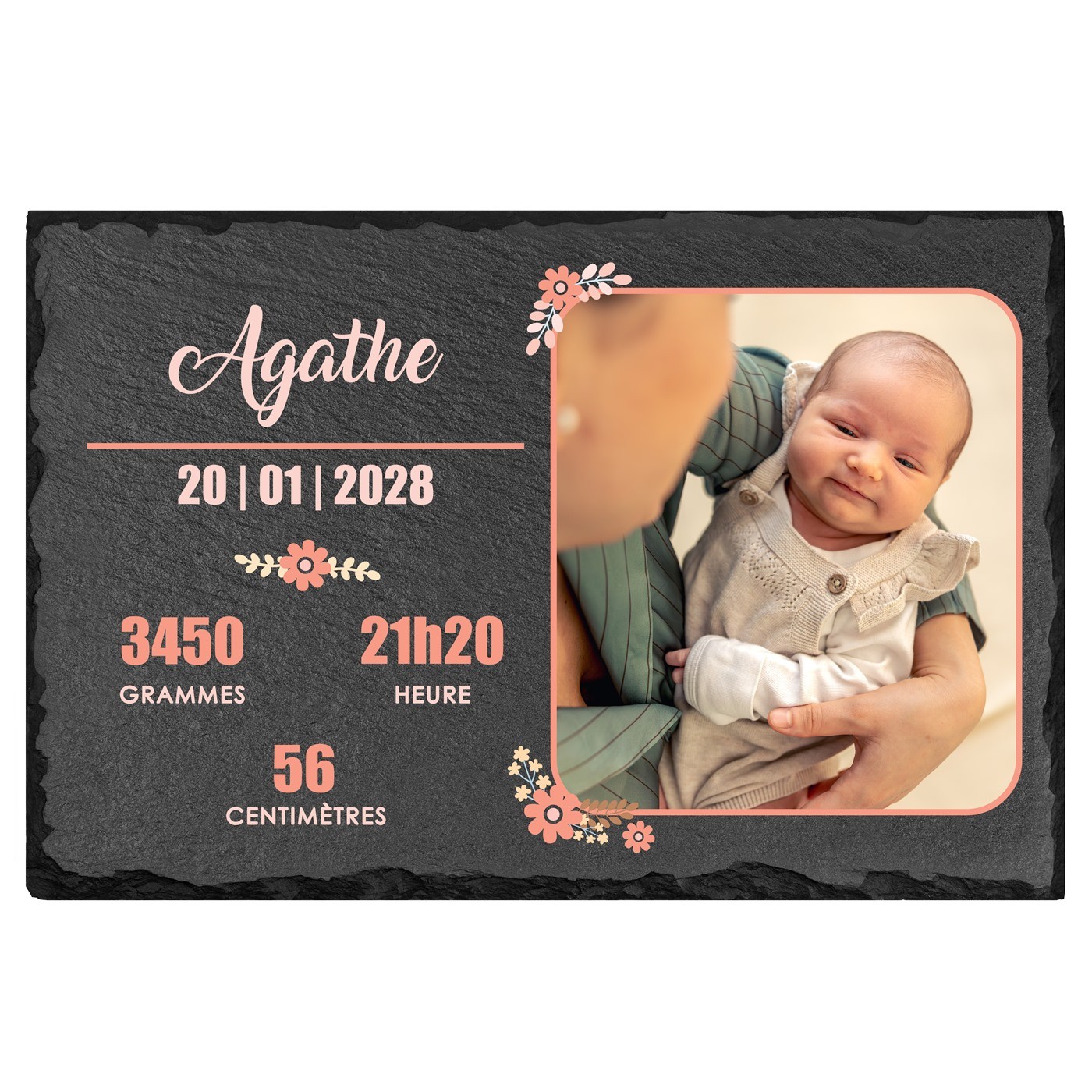 Pierre en ardoise personnalisée avec photo pour la naissance d'une petit fille