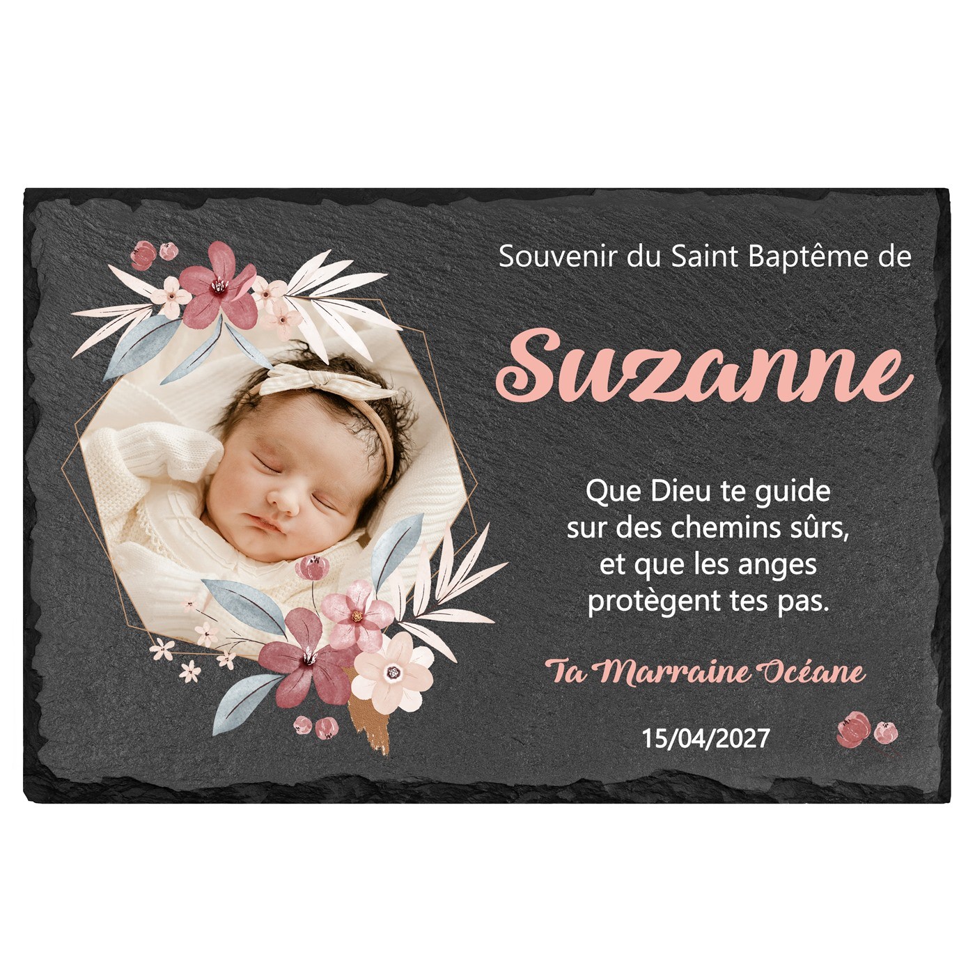 Pierre en ardoise personnalisée avec photo pour le baptême d'une filleule