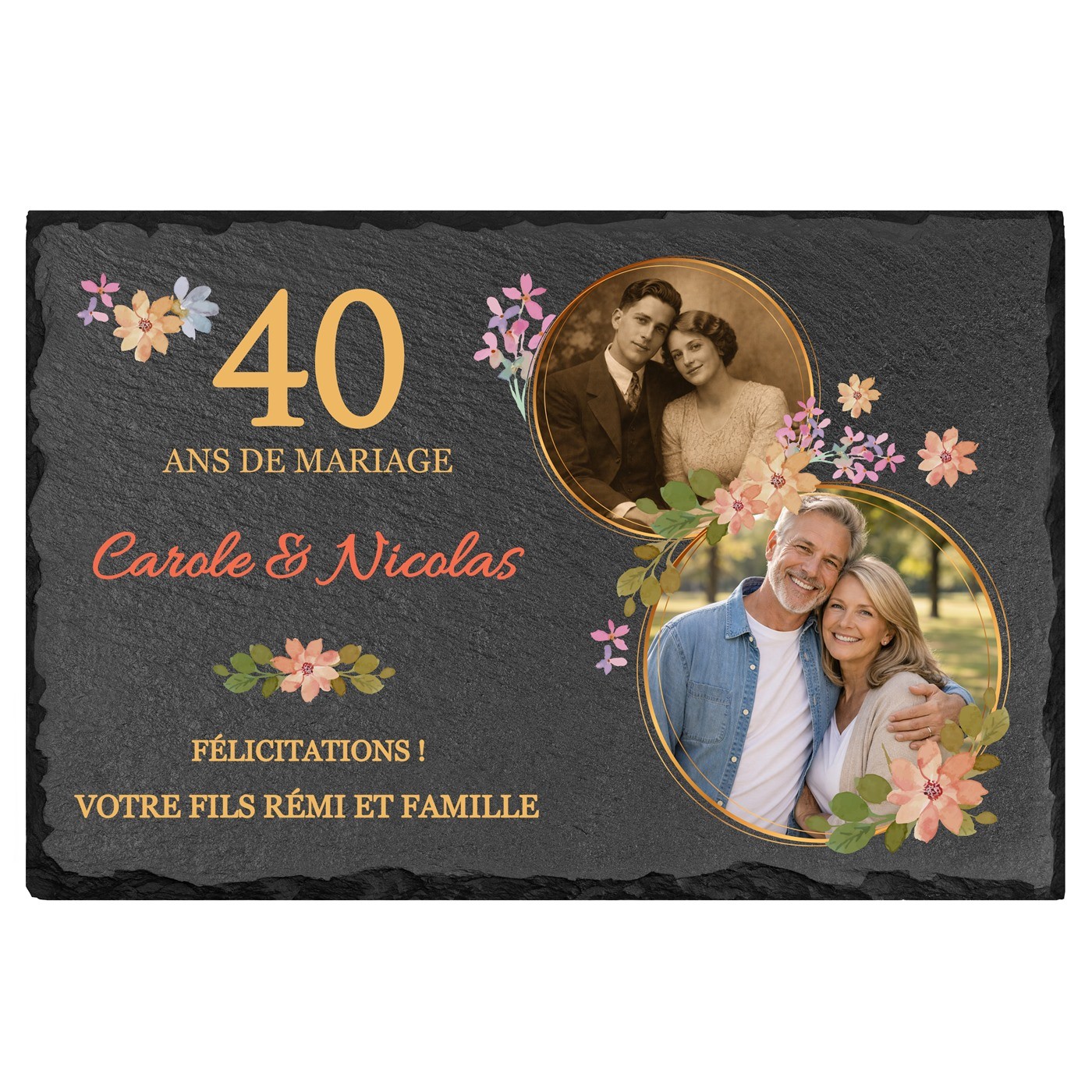 Pierre en ardoise personnalisée avec photo pour parents pour 40 ans de mariage