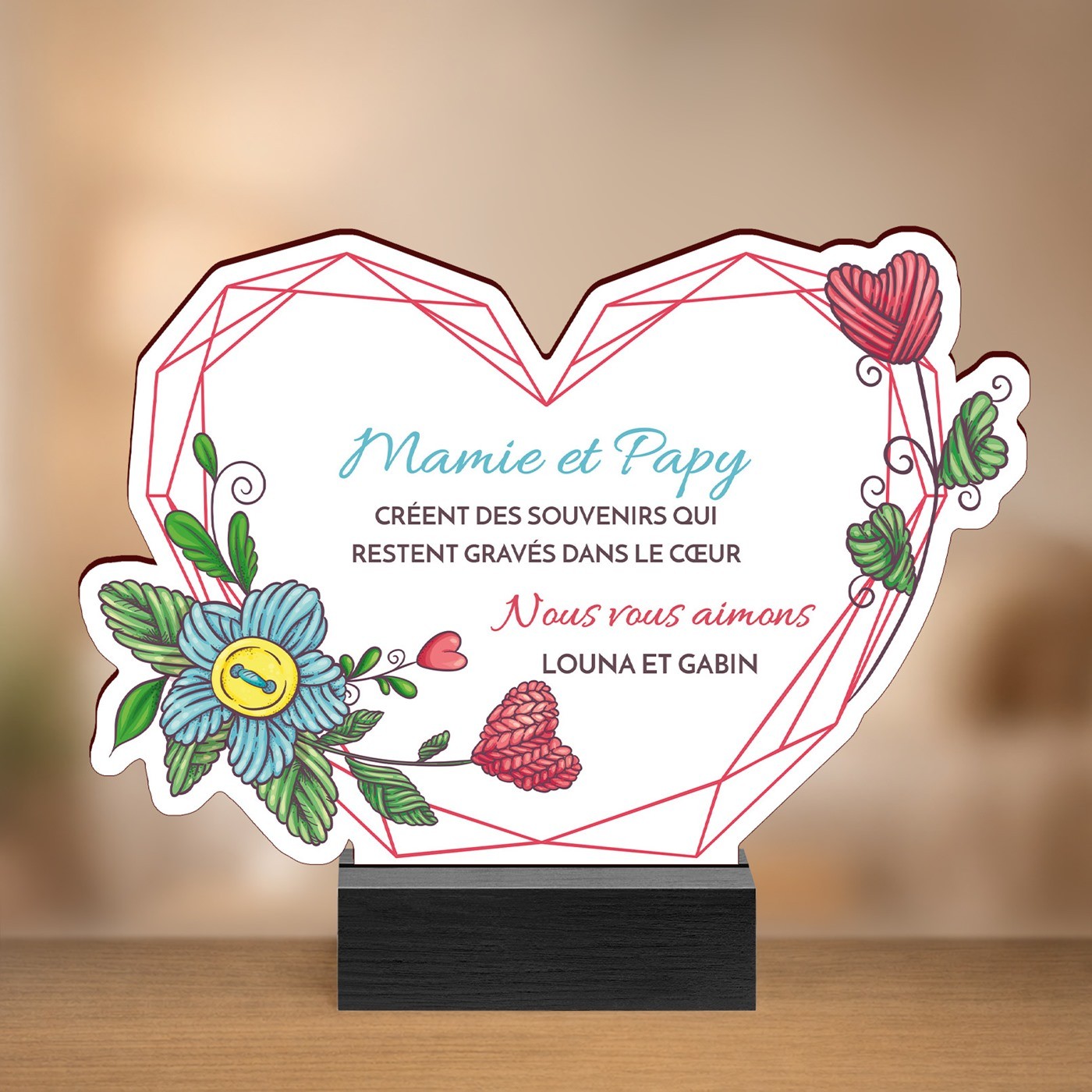 Statuette en bois avec impression pour l'anniversaire de mariage de mamie et papy