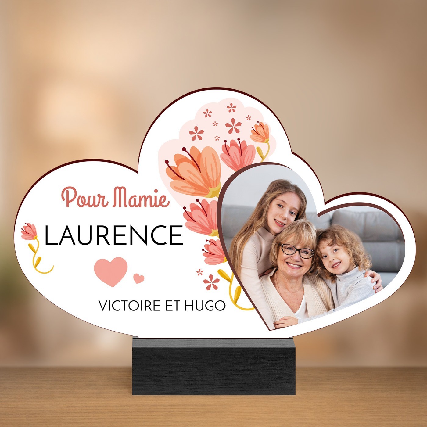 Statuette en bois personnalisée avec photo pour l'anniversaire de mamie