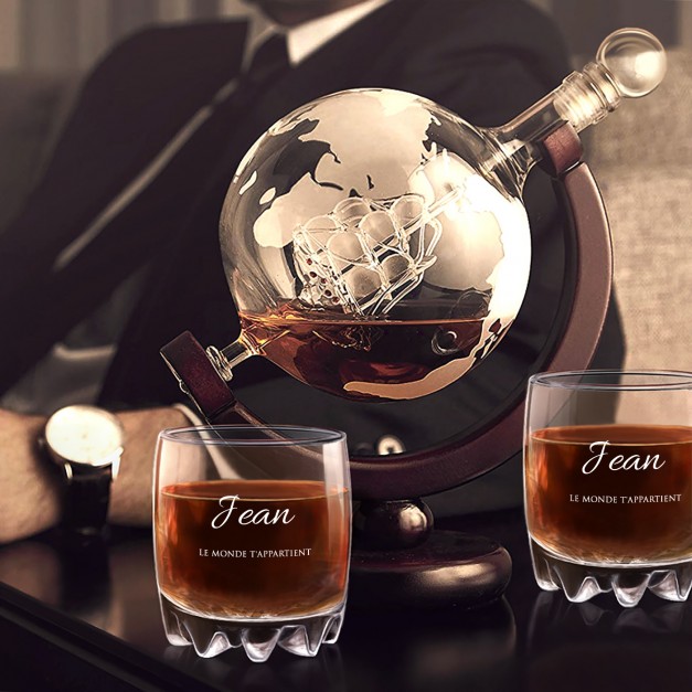 Carafe à whisky globe avec 2 verres gravés pour copain petit ami