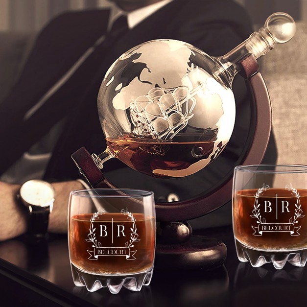 Carafe à whisky globe avec 2 verres gravés pour couple mariage