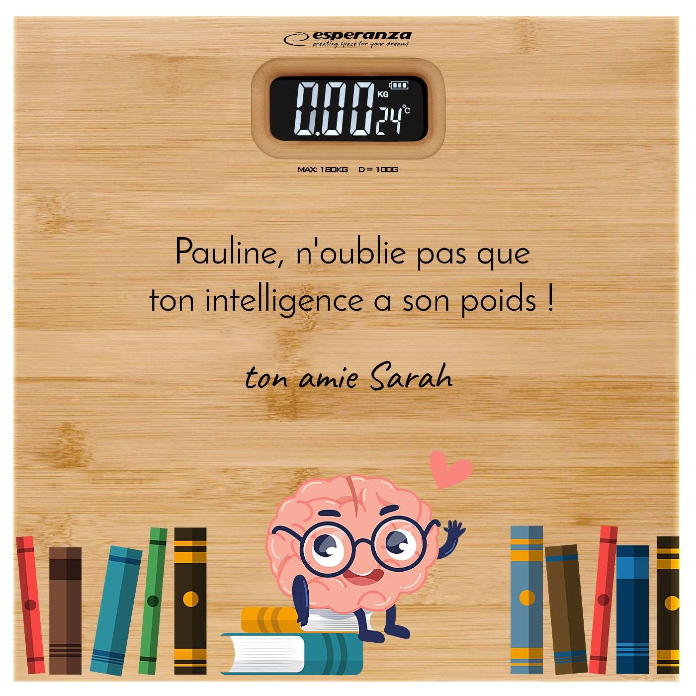 Pèse-personne en bambou avec impression pour l'anniversaire d'une copine passionnée de livres