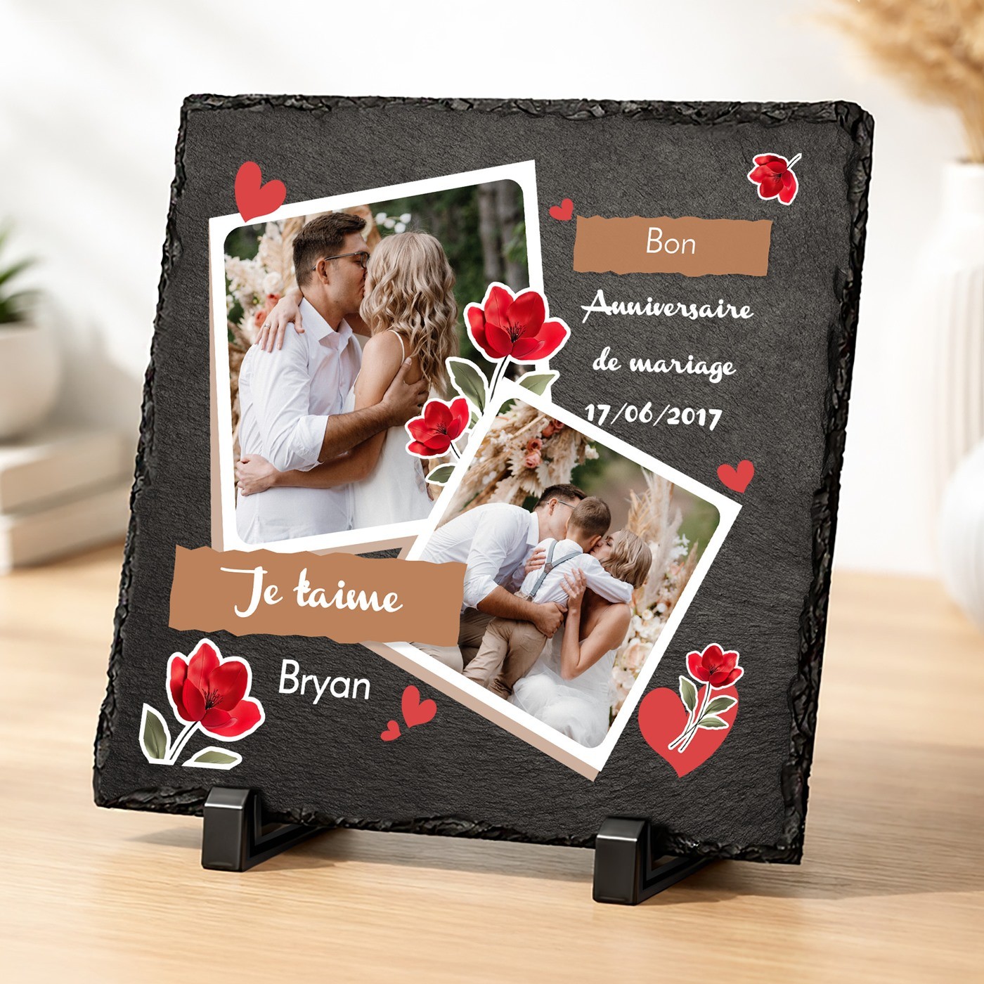 Pierre en ardoise avec impression avec photo pour une femme pour l'anniversaire de mariage