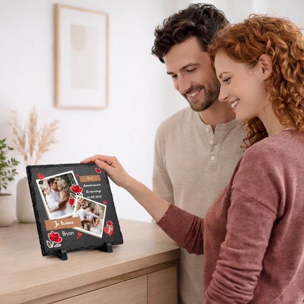 Pierre en ardoise avec impression avec photo pour une femme pour l'anniversaire de mariage