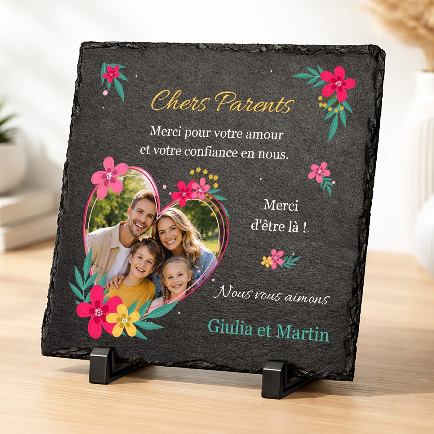 Pierre en ardoise avec impression avec photo pour des parents pour remerciement